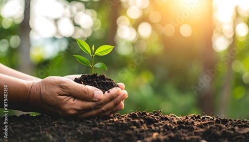hands holding a plant with sun rays blurry background