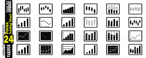 Set of 24 Black and White Forex Trading Chart Icons graph candlestick
