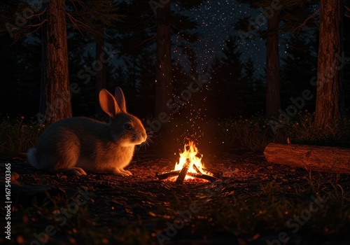 Nighttime Forest Scene Realistic Rabbit by Campfire