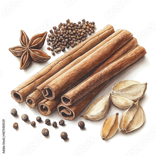 Cinnamon Sticks And Spices, watercolor painting vector, isolated on a white background.