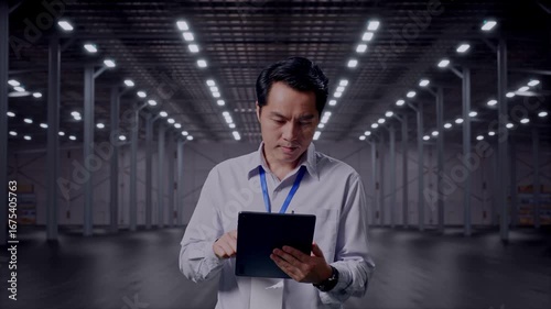 Wallpaper Mural Asian Male Professional Worker Standing With His Tablet in Empty Modern Warehouse, Work Continuously With His Tablet Torontodigital.ca