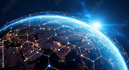 Global Network Connecting the World: Futuristic Digital Communications Across Planet Earth with City Lights and Bright Horizon.