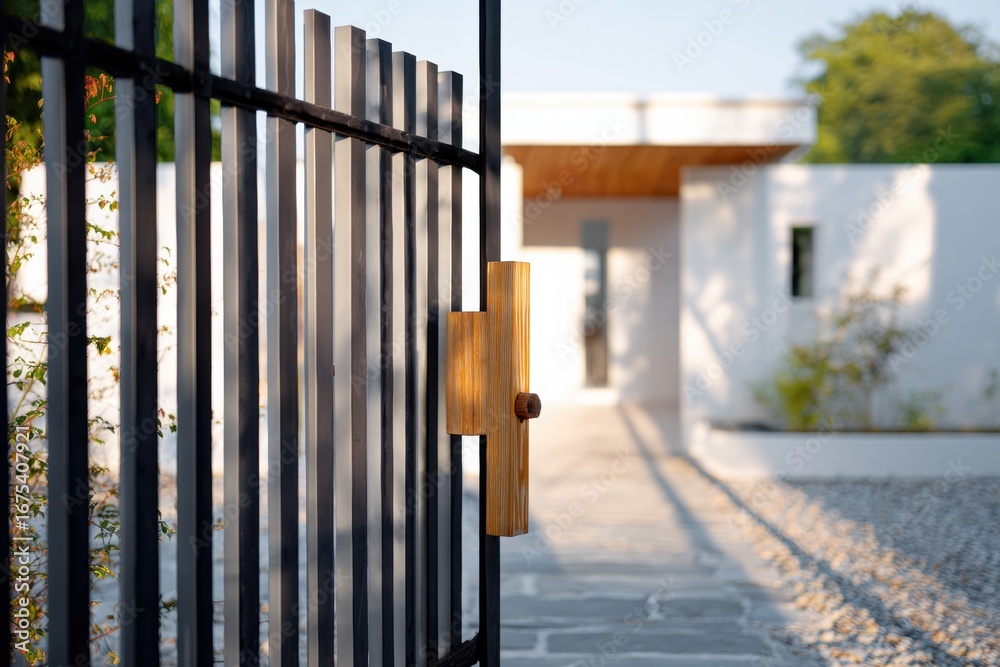 Obraz premium Modern black steel gate opens to a minimalistic white house with stone path in early morning light