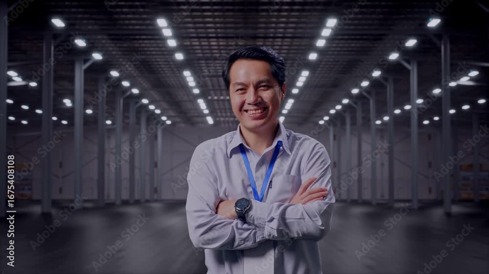 custom made wallpaper toronto digitalShot Captures Of An Asian Male Professional Worker Standing in Empty Modern Warehouse, His Broad Smile At The Camera And Cross His Arm Over His Chest