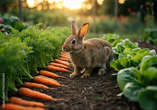 A fluffy brown rabbit nibbling carrots in a sunny vegetable garden with leafy greens on either side, surrounded by nature
