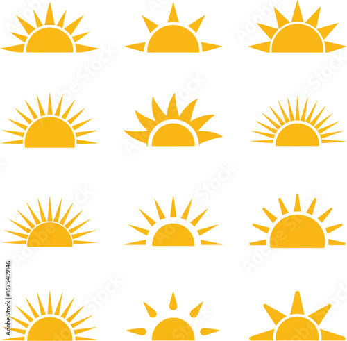 A set of twelve minimalist yellow sun icon designs. Flat graphic vector illustrations for sunrise and sunset symbols