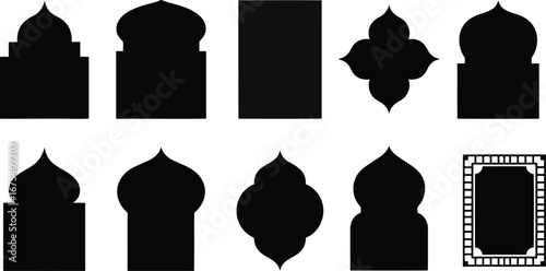 Vector Set of 10 Black Silhouette Architectural Arch Designs, islamic frame , masque frame