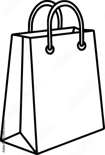 Simple black and white line art vector icon of a paper shopping bag for retail, gifts, and commerce
