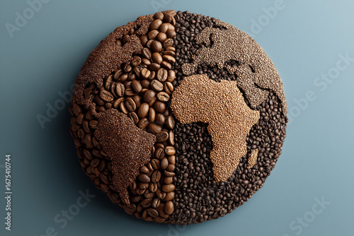 World Map Made of Coffee Beans Representing Global Coffee Culture.
