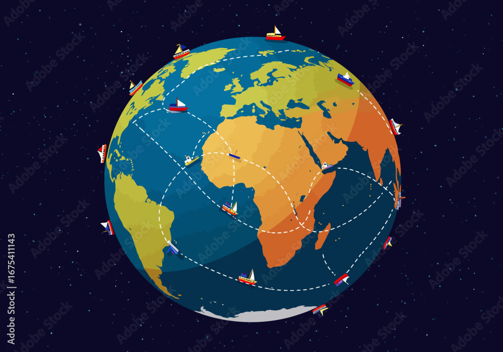Naklejka premium Illustrated Earth Globe with Sailing Ships and Dotted Travel Routes.