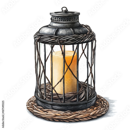 watercolor of Candle In Lantern, vector, isolated on a white background.