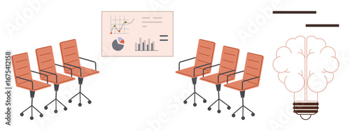 Office chairs arranged near presentation board with chart graphics, large lightbulb cloud symbolizing brainstorming. Ideal for teamwork, strategy, innovation, collaboration, business planning