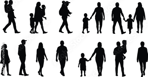 Vector illustration of family silhouettes walking together, parents with children, mother father and kids, urban lifestyle, street people design artwork