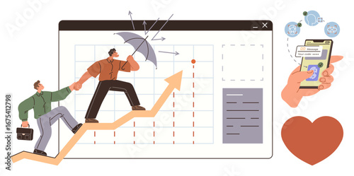 People climbing arrow on graph, shield protecting from risks, phone with financial tools, and a heart. Ideal for teamwork, business, finance, risk protection growth analytics support. Simple flat