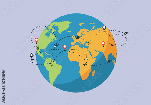 Global Air Travel Network Illustration on World Map.
