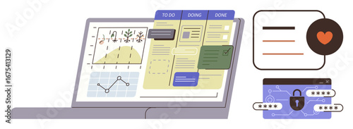Laptop screen displaying data analytics, task board with To-Do workflow, and password security representation. Ideal for productivity, organization, security, teamwork, management, analysis