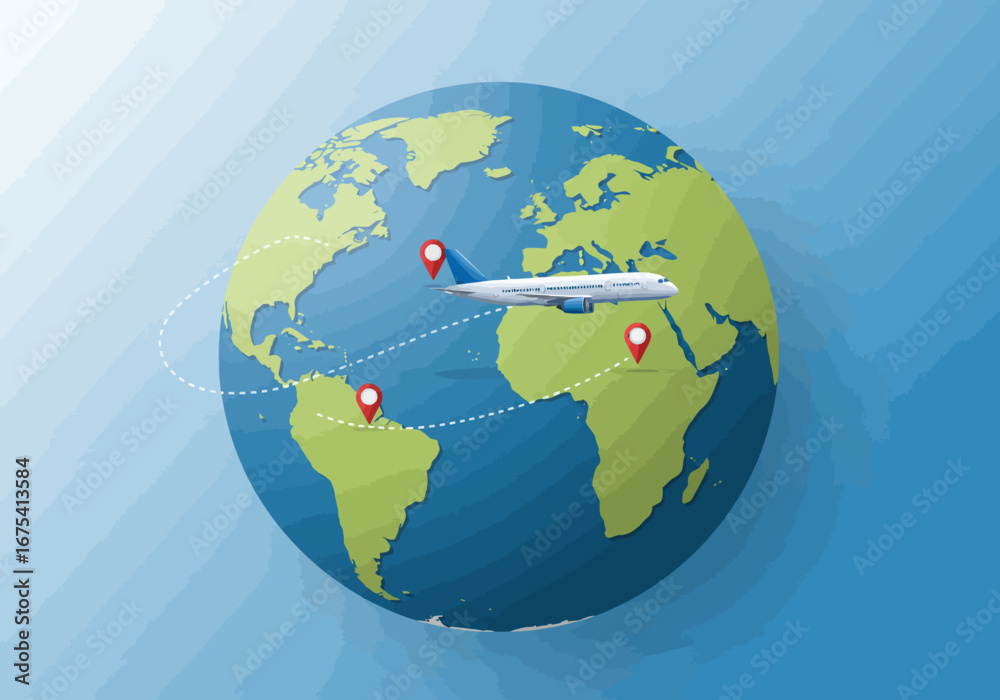 Naklejka premium Airplane Flying Around the World with Destination Markers.