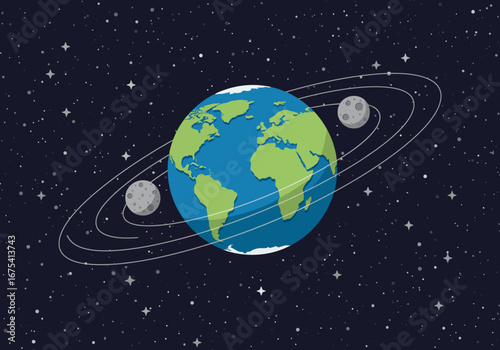 Earth with Two Moons in Starry Space.