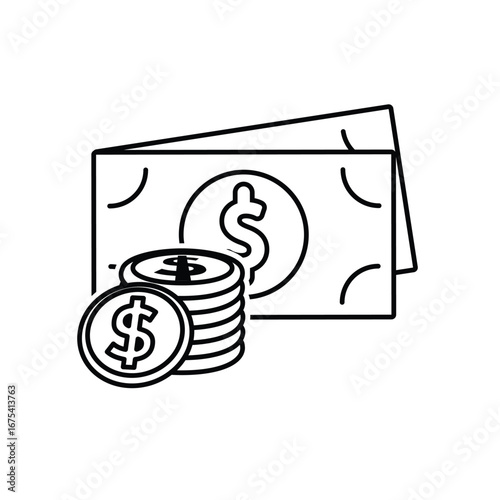 Money icon. Dollar symbol. Stacks of coins and banknotes. paying, economy, financial. Outline design style.