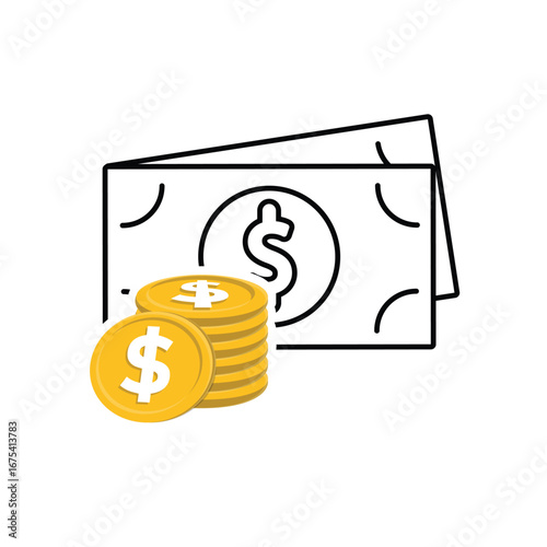 Money icon. Dollar symbol. Stacks of coins and banknotes. paying, economy, financial. Mixed design style.