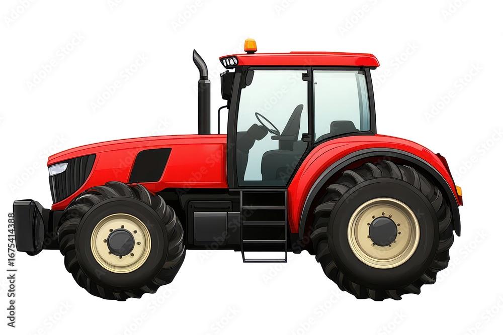 Obraz premium Detailed illustration of a red tractor showcasing its robust design and features with a focus on the wheels, cabin, and overall build for agricultural use