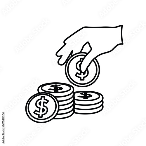 Money icon. Dollar symbol. Stacks of gold coins and green banknotes. paying, economy, financial. Outline design style.