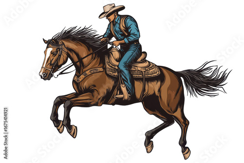 Saddle bronc rodeo horse leaps with skillful cowboy at a rodeo event in the wide open arena during daylight hours