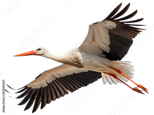 A white stork soaring through the air with its wings spread wide against a plain white background