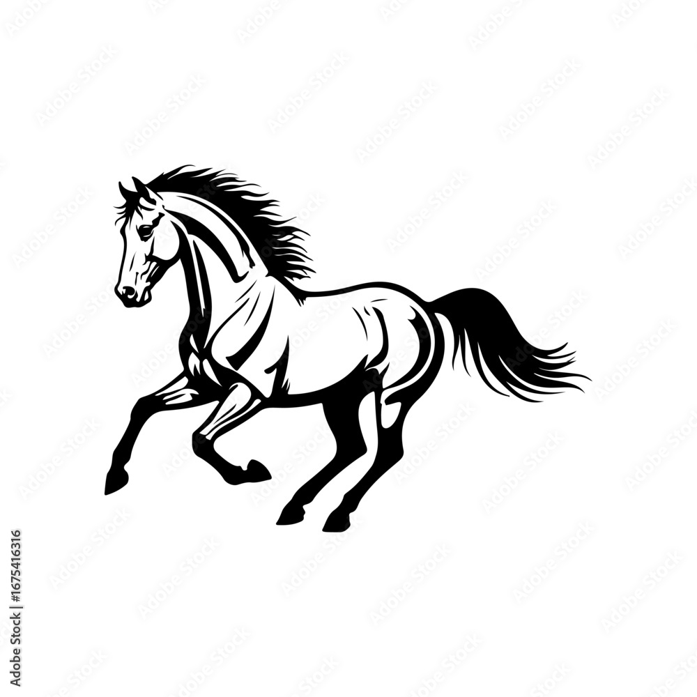 Obraz premium Black and white illustration of a running horse. Monochrome image of a horse. Design element for logo, sign, poster, emblem. Vector illustration