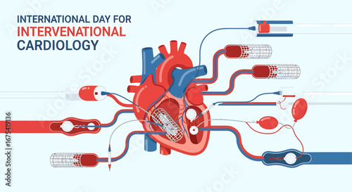 Flat vector infographic showing a healthy red heart connected to stents, balloons, and catheters, International Day for Interventional Cardiology