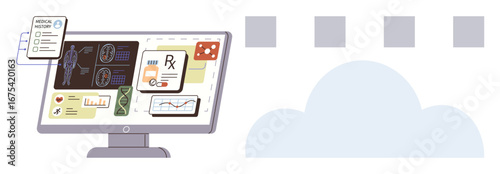 Computer monitor displays medical records, scans, prescription data, and health analytics, connected to cloud data. Ideal for healthcare AI, data analysis, telemedicine, research diagnostics