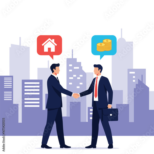Businessmen shaking hands negotiating real estate deal with coins symbolizing financial agreement between partners in modern cityscape background