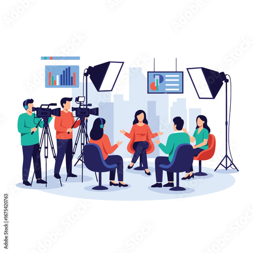 Behind the scenes of a professional studio production with a skilled crew and talented participants