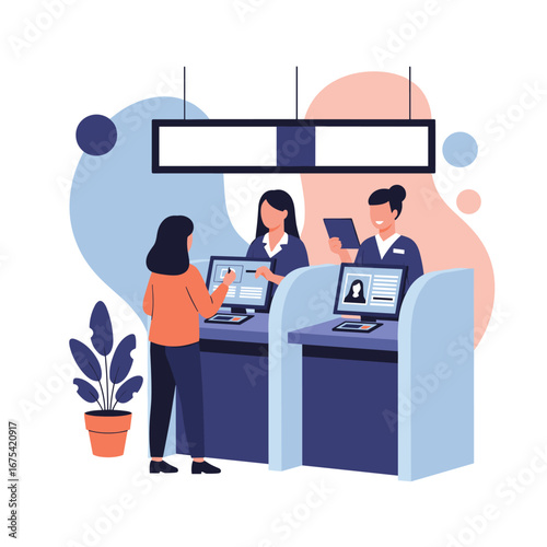Customers interacting with service representatives at counters in a modern office building providing efficient client support