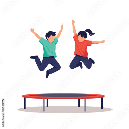 Two kids jumping high on a red rectangular trampoline having fun outdoors on a sunny day
