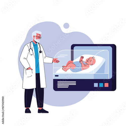 Pediatrician examining a newborn infant in an incubator at a hospital emphasizing infant care and medical attention