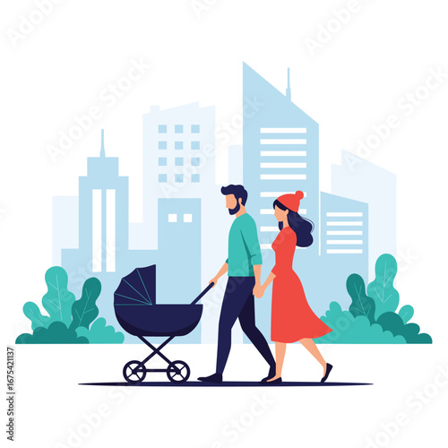 Family walking with stroller city park green trees buildings modern lifestyle outdoor activity together