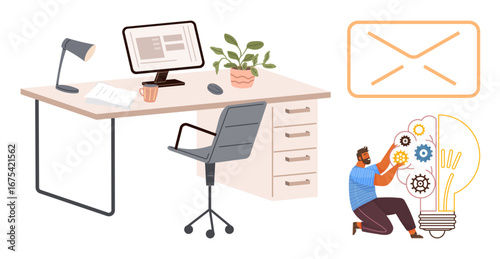 Office desk with computer, chair, lamp, and plant man adjusting gears inside a light bulb mail envelope icon. Ideal for creativity, innovation, productivity, communication, teamwork brainstorming