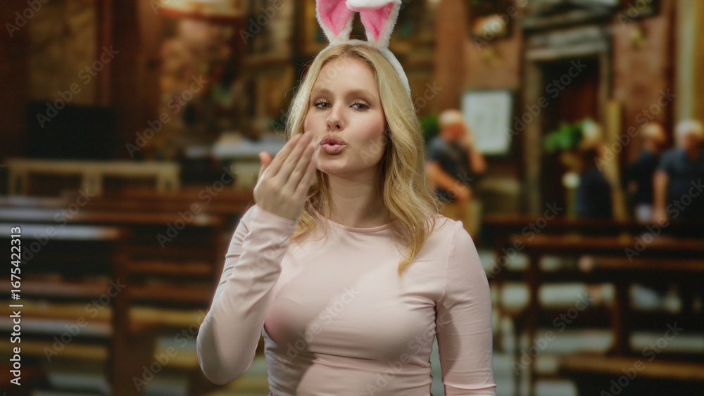 custom made wallpaper toronto digitalBlonde woman with bunny ears sending a kiss while standing in a catholic church, blending humor and tradition in a unique and playful setting.