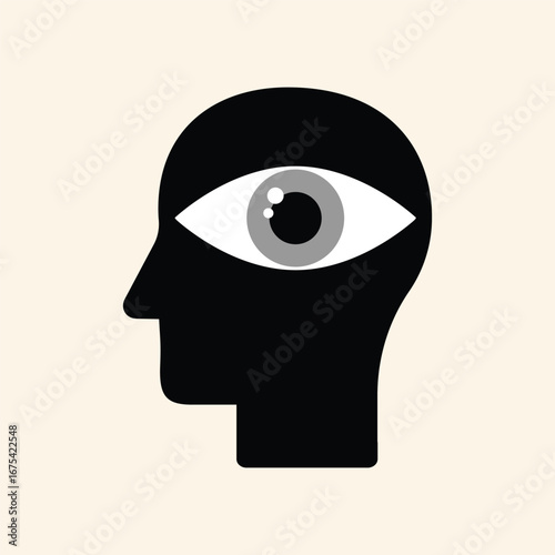 Symbolic black head profile with large grey eye representing observation, awareness, and perception