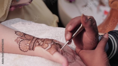 A Slow Motion Shot of Applying Mehndi on Bride's hand at her Indian Wedding in India
