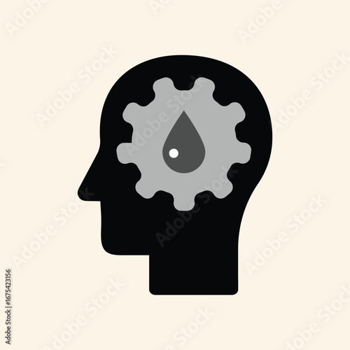 Clever mind processing ideas, a gear with a water drop symbolizes innovative thought and fluid thinking