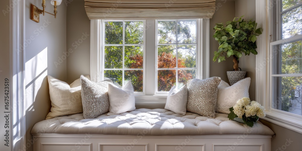 Fototapeta premium Small reading nook with padded window bench and plush cushions