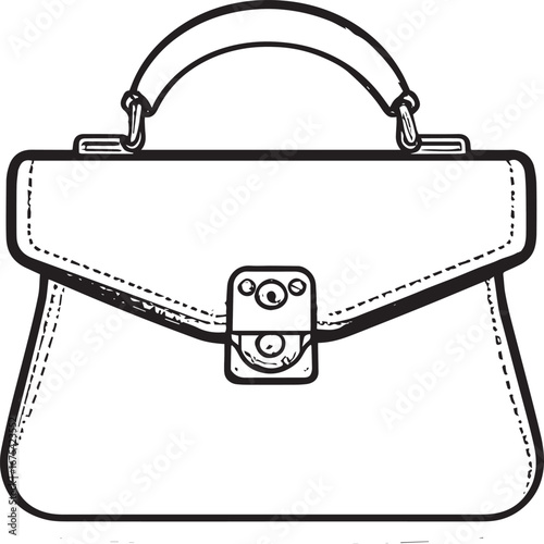A black and white line drawing of a classic women's handbag with a top handle and a flap closure.