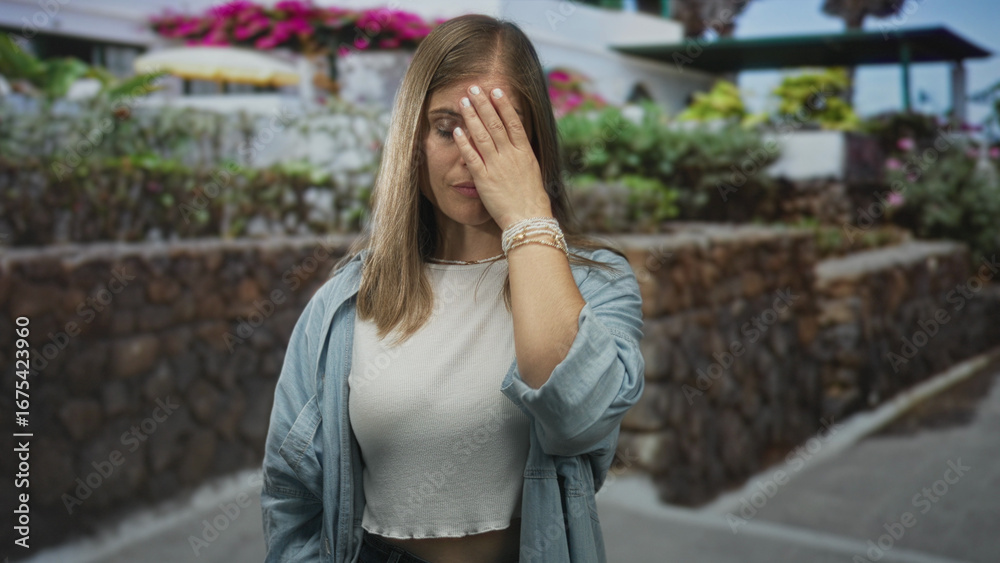 Fototapeta premium Young blonde woman hand raised in bright daylight against stone building by blooming plants on street; confusion.