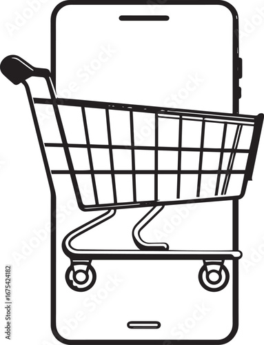 Shopping cart icon on smartphone screen, symbolizing online mobile commerce.