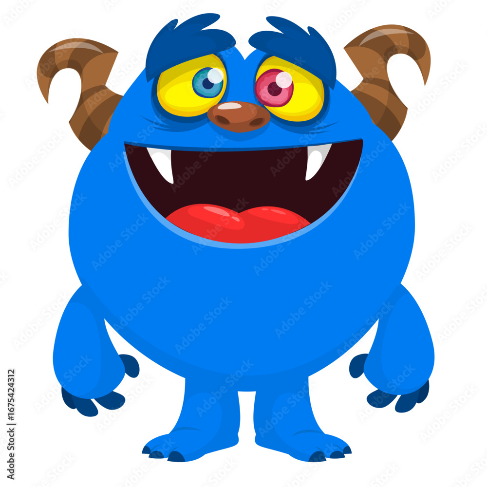 Fototapeta premium Cartoon cute monster with funny face expression waving hands. Halloween vector illustration