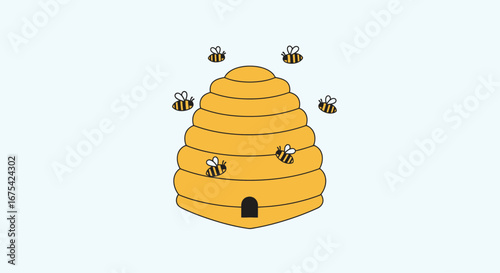 Illustration of a Beehive with Bees Flying Around, Symbolizing Honey Production and the Importance of Pollinators for Environmental and Ecological Education