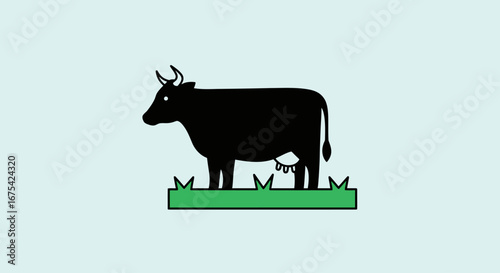 Stylized Black Cow Illustration on Green Grass, Ideal for Farm Animal Education, Dairy Product Promotion, or Children's Book Illustrations