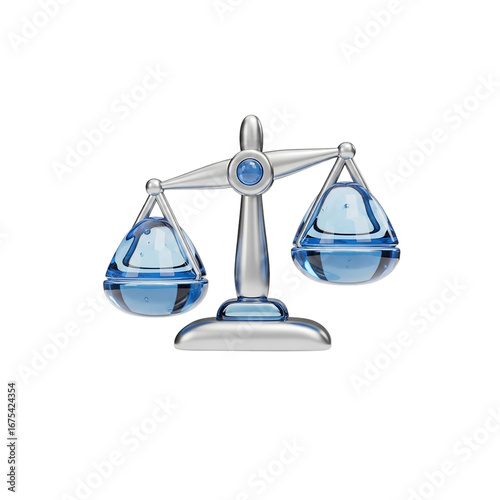 Glassy 3D Balance Scale Icon: Transparent Blue Water Weighing Scale for Business Comparison, Equality and Justice